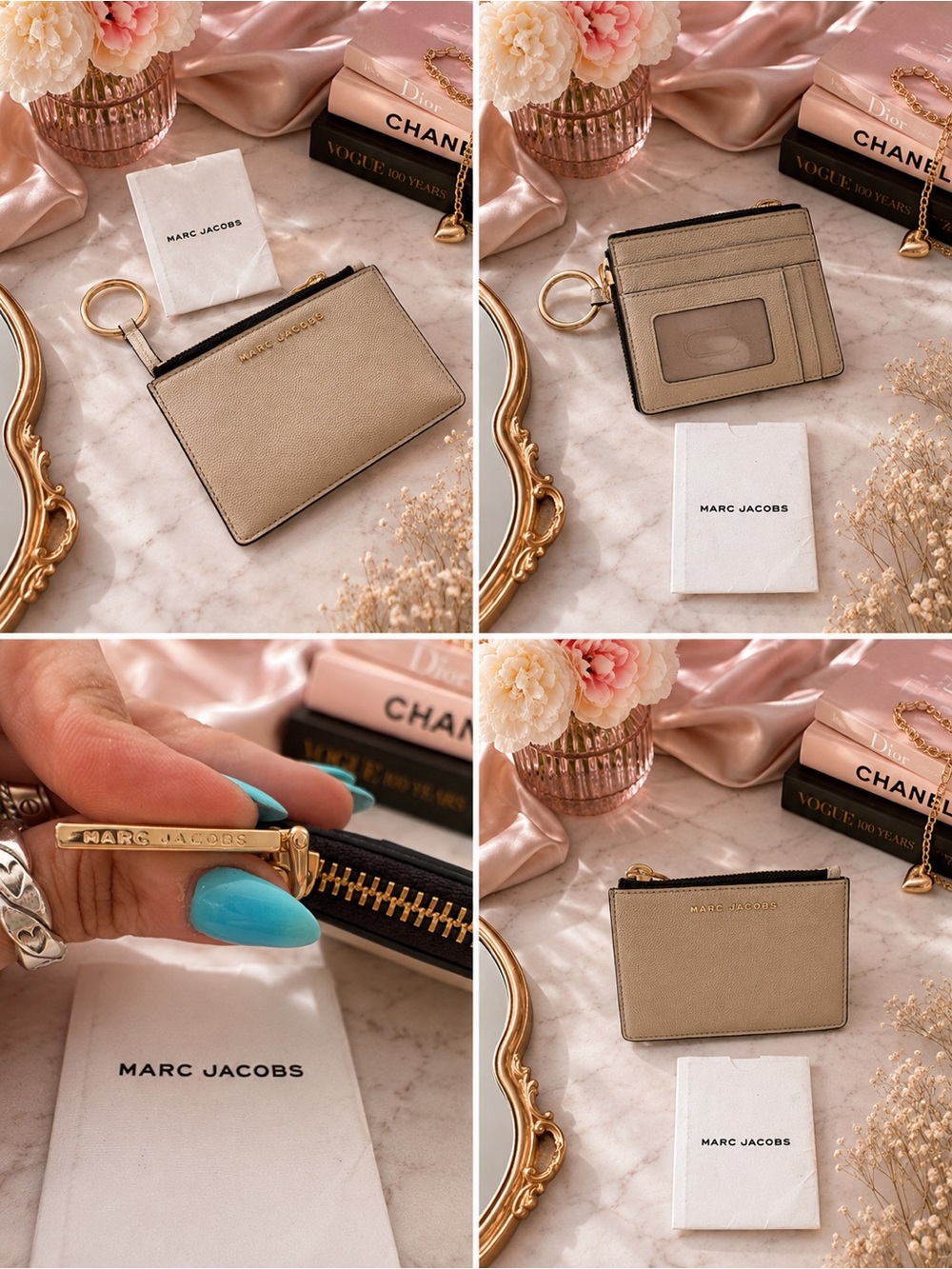 Marc Jacobs Cream Pebbled Leather Zip Card Holder with Gold Hardware